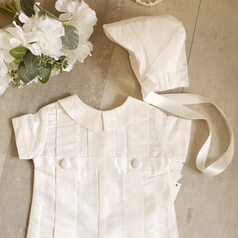 Boy's Ivory Dupioni Silk Special Occasion Romper Bonnet Set Vintage Heirloom NWT - Picture 4 of 7
